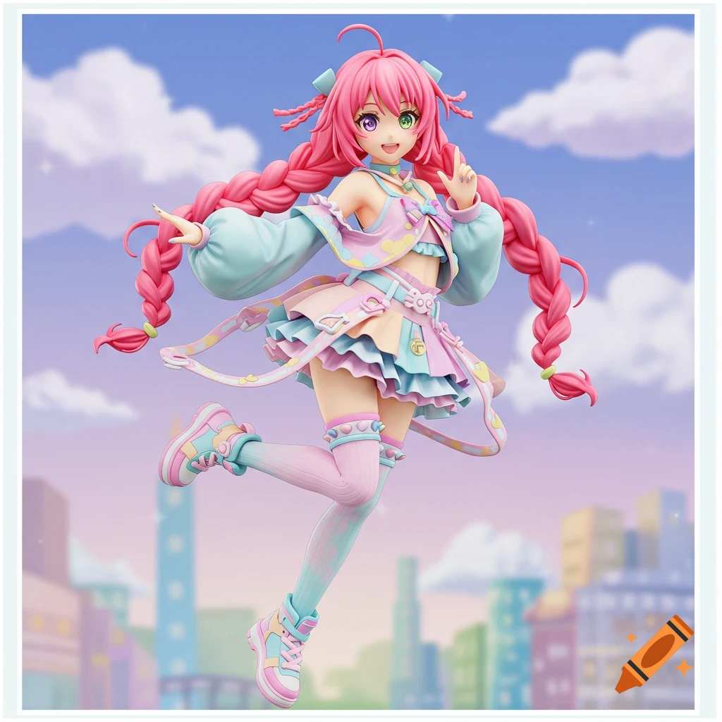 Pink-haired anime figure in a pastel outfit poses against a blurred urban background under a cloudy sky.