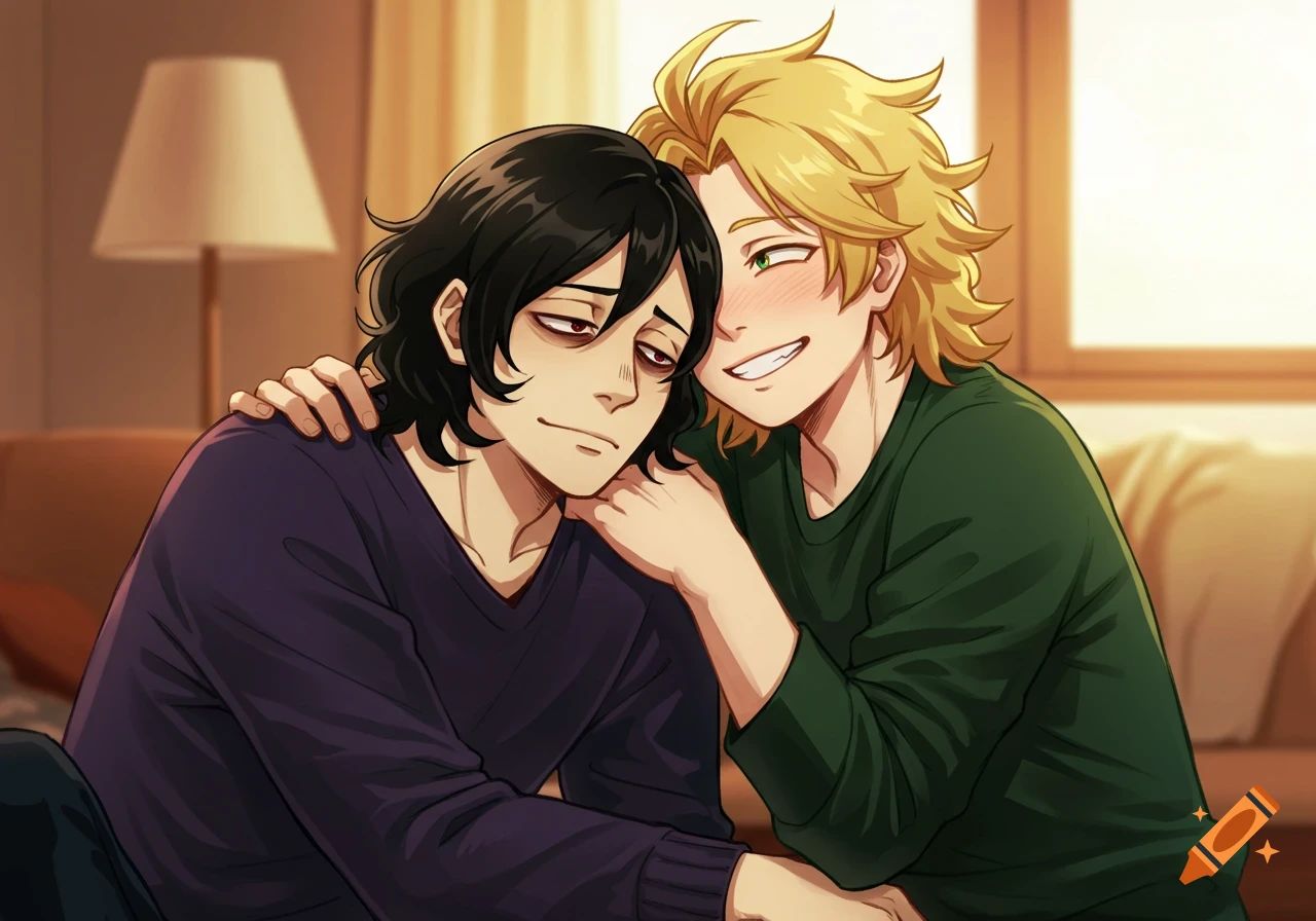 Two male anime characters, one black-haired, one blonde, shown together in a warm indoor scene.