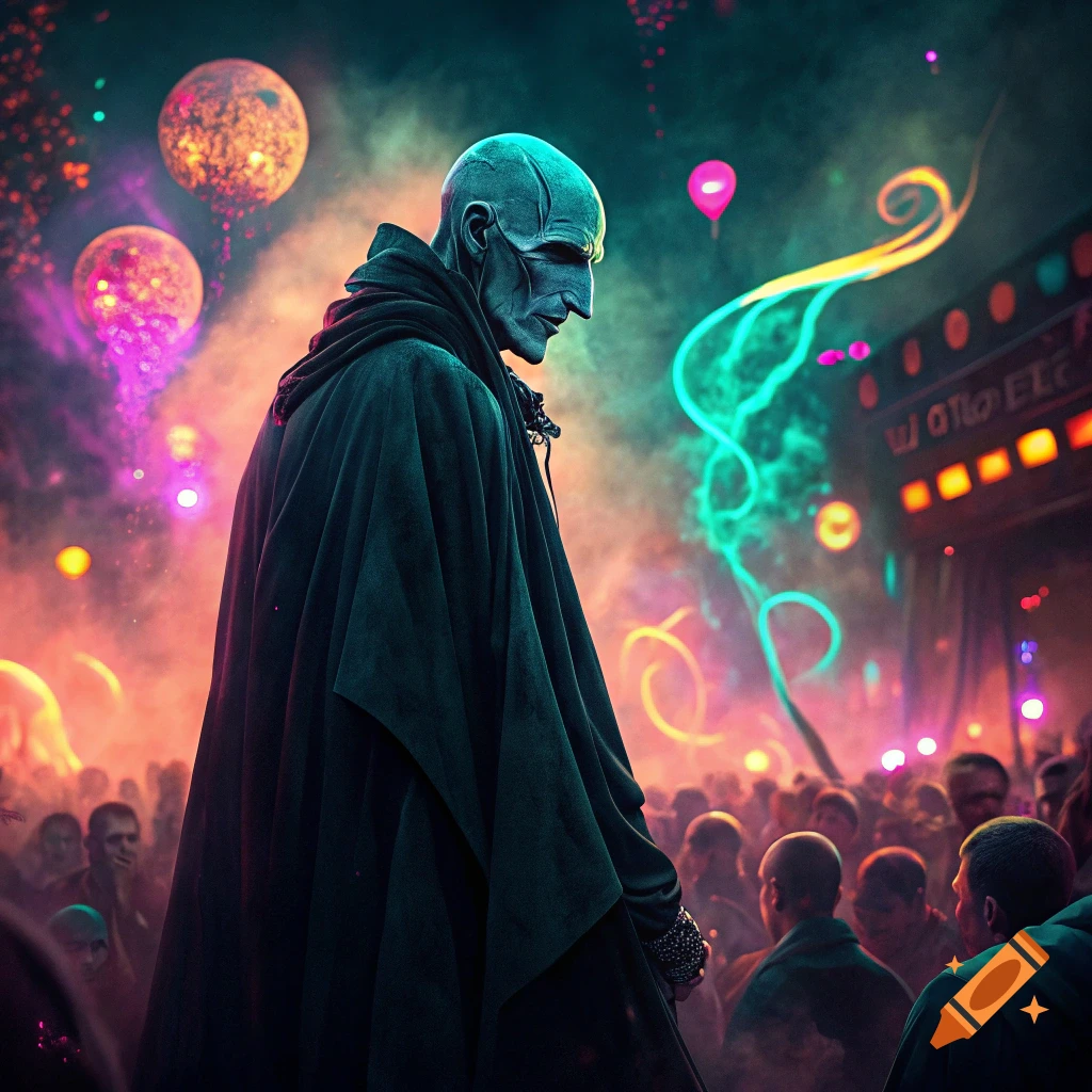 Voldemort stands in a dark robe amidst a large crowd at a smoky rave with vibrant lights and floating orbs.
