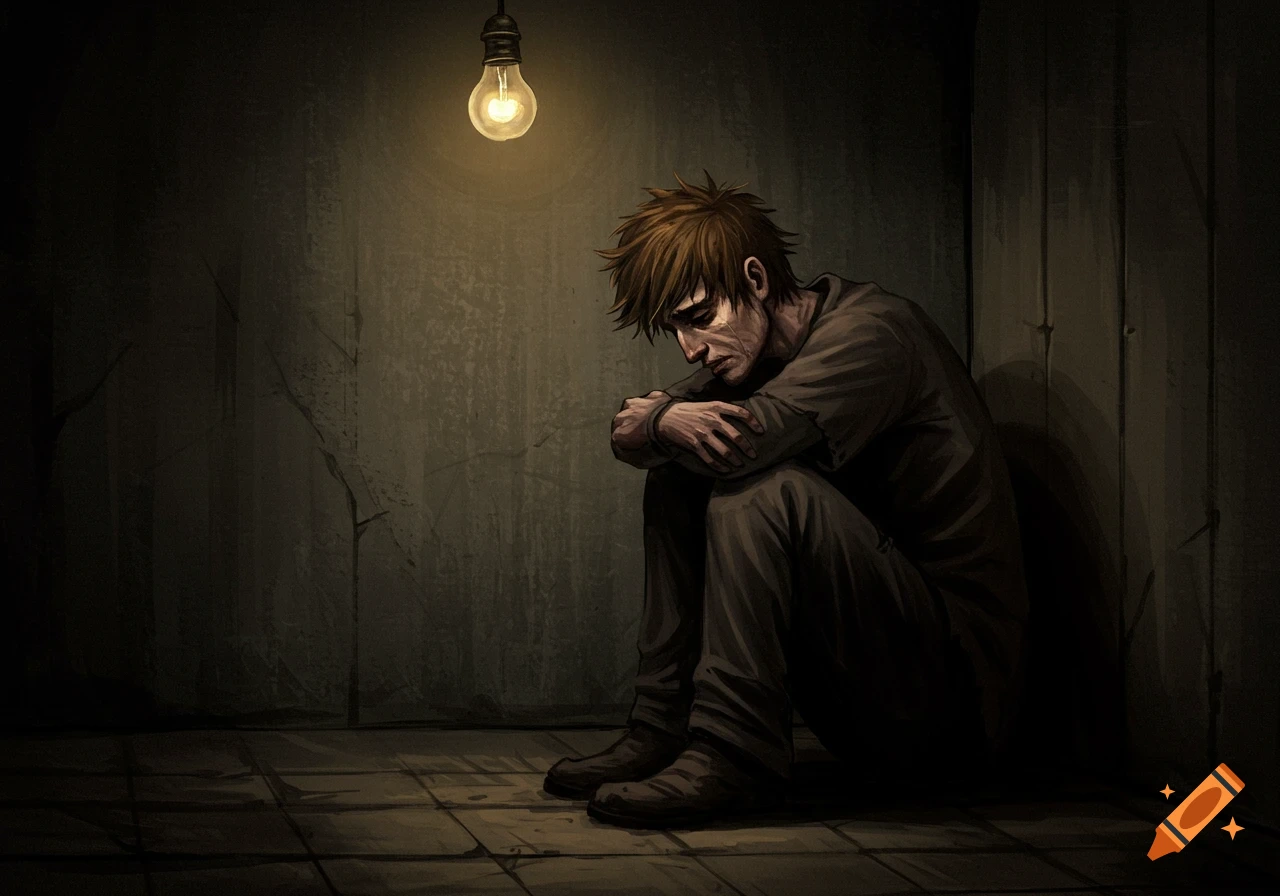 Illustrative rendering of a sad man sitting alone in a dark room under a single light bulb.