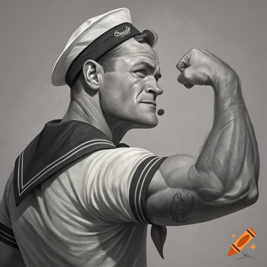 Greyscale illustration of Popeye the Sailor Man flexing his bicep.