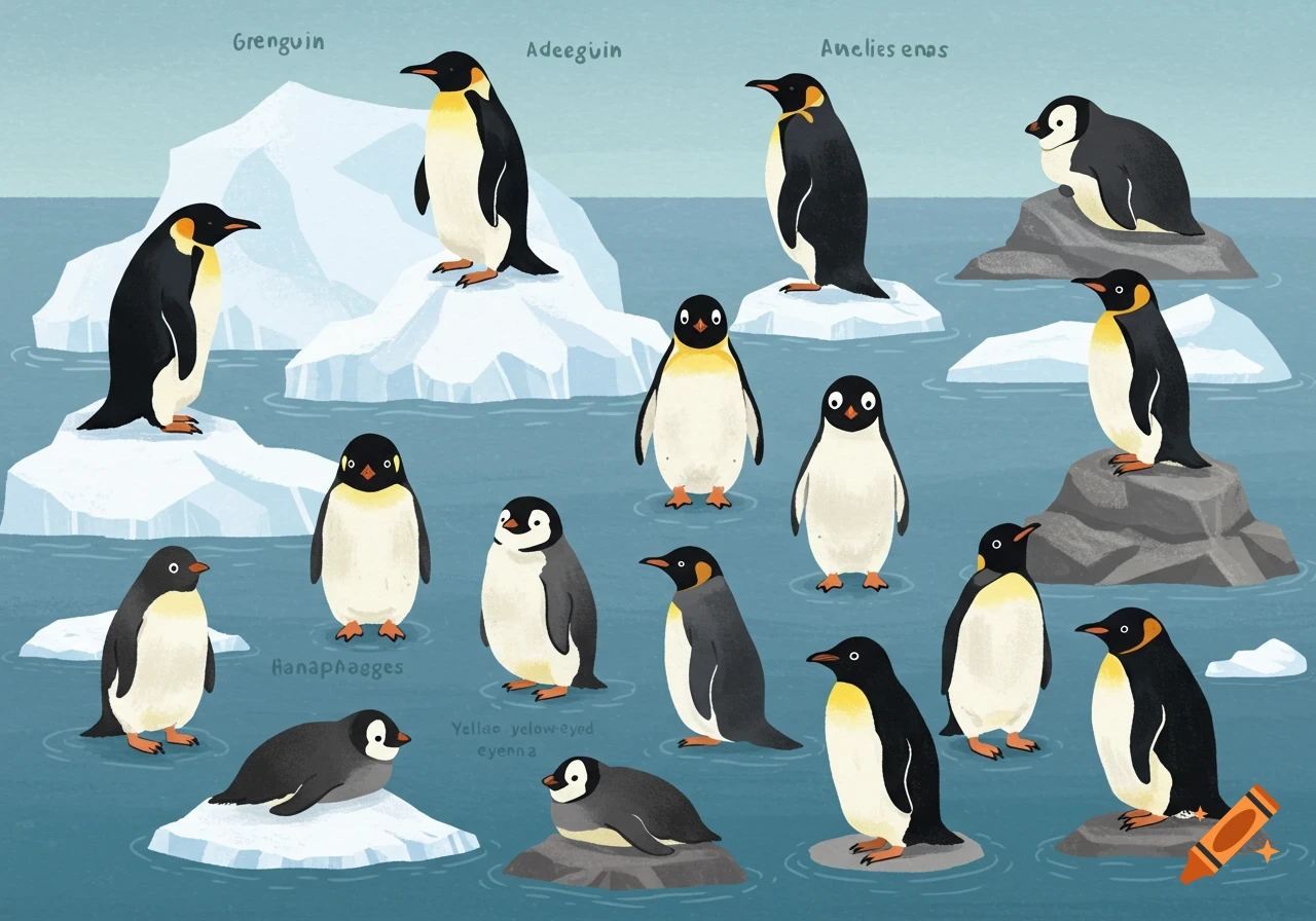 Cartoon illustration of various penguins standing or lying on icebergs and rocks in the ocean, with nonsensical text labels above some.