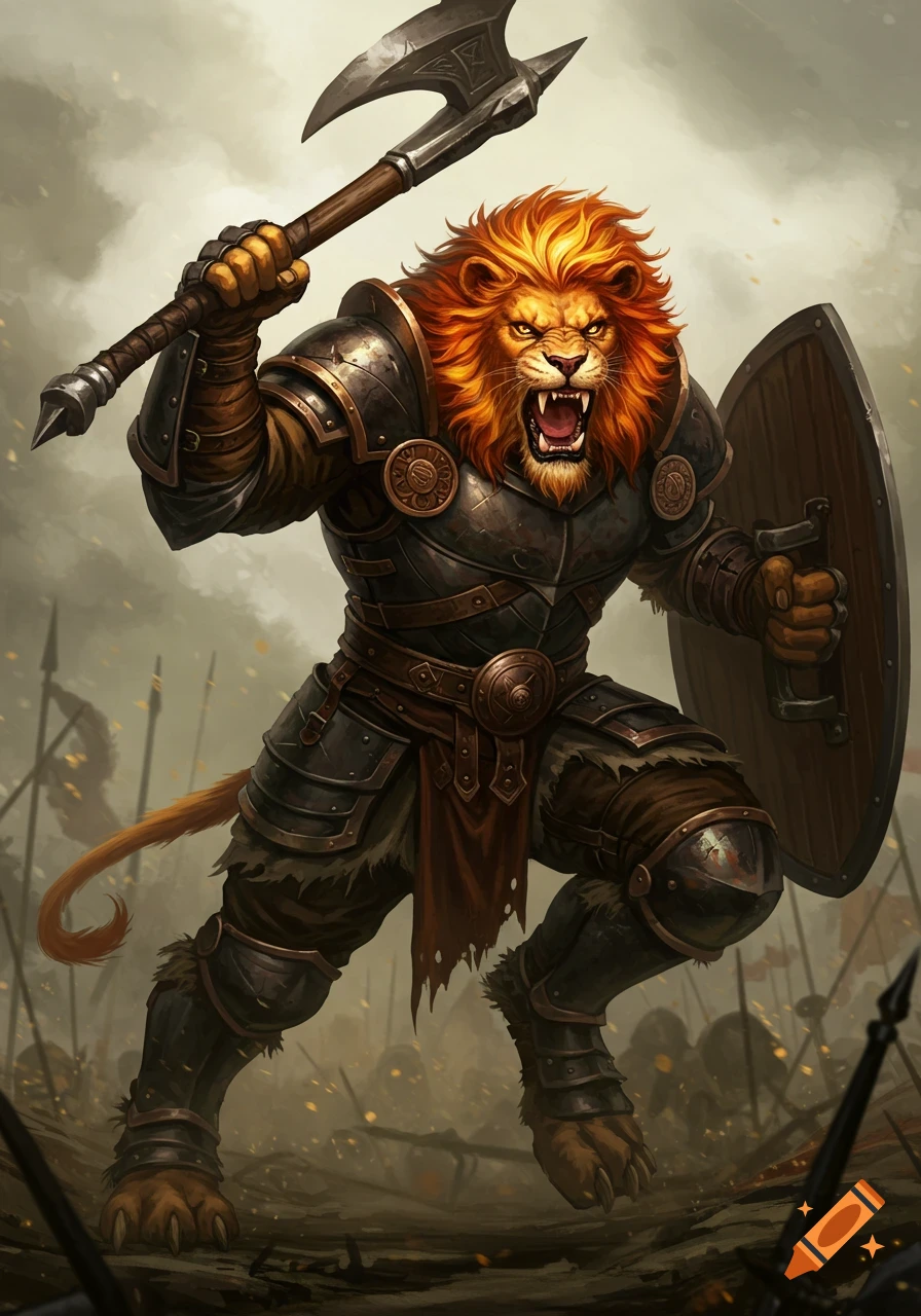 A fierce lion warrior in detailed fantasy armor holds an axe and shield, roaring in battle.