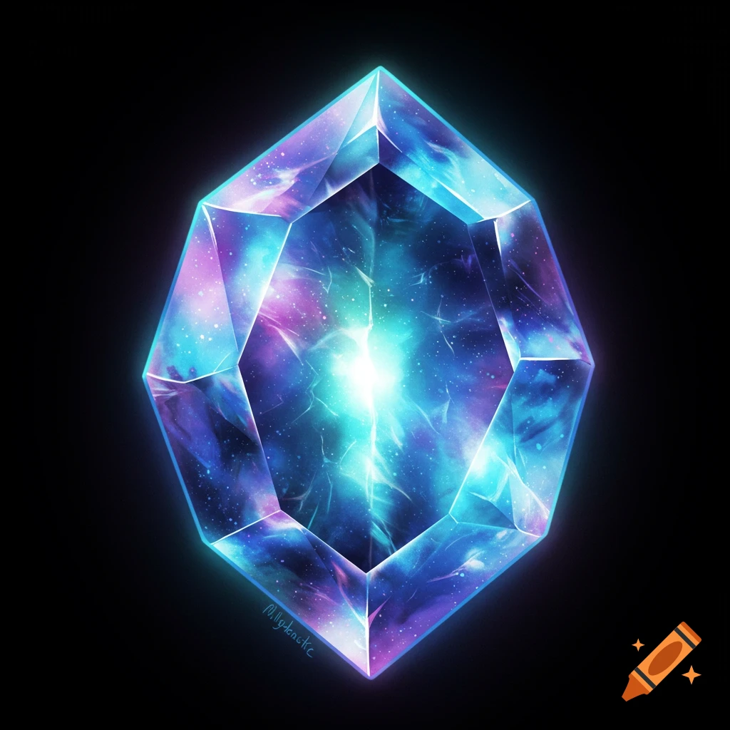 A glowing, multifaceted gemstone with a nebula-like interior on a black background.