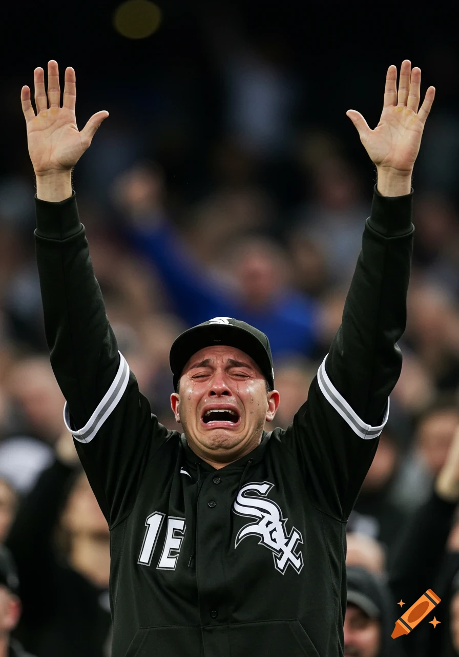 A White Sox fan cries with arms raised at a baseball game.