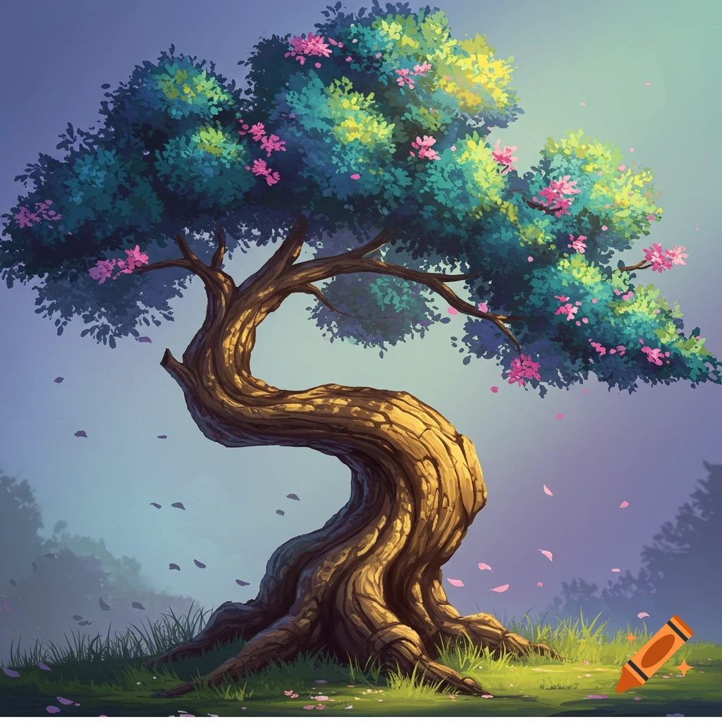 Stylized illustration of a twisted tree with pink flowers on a grassy hill at sunset.