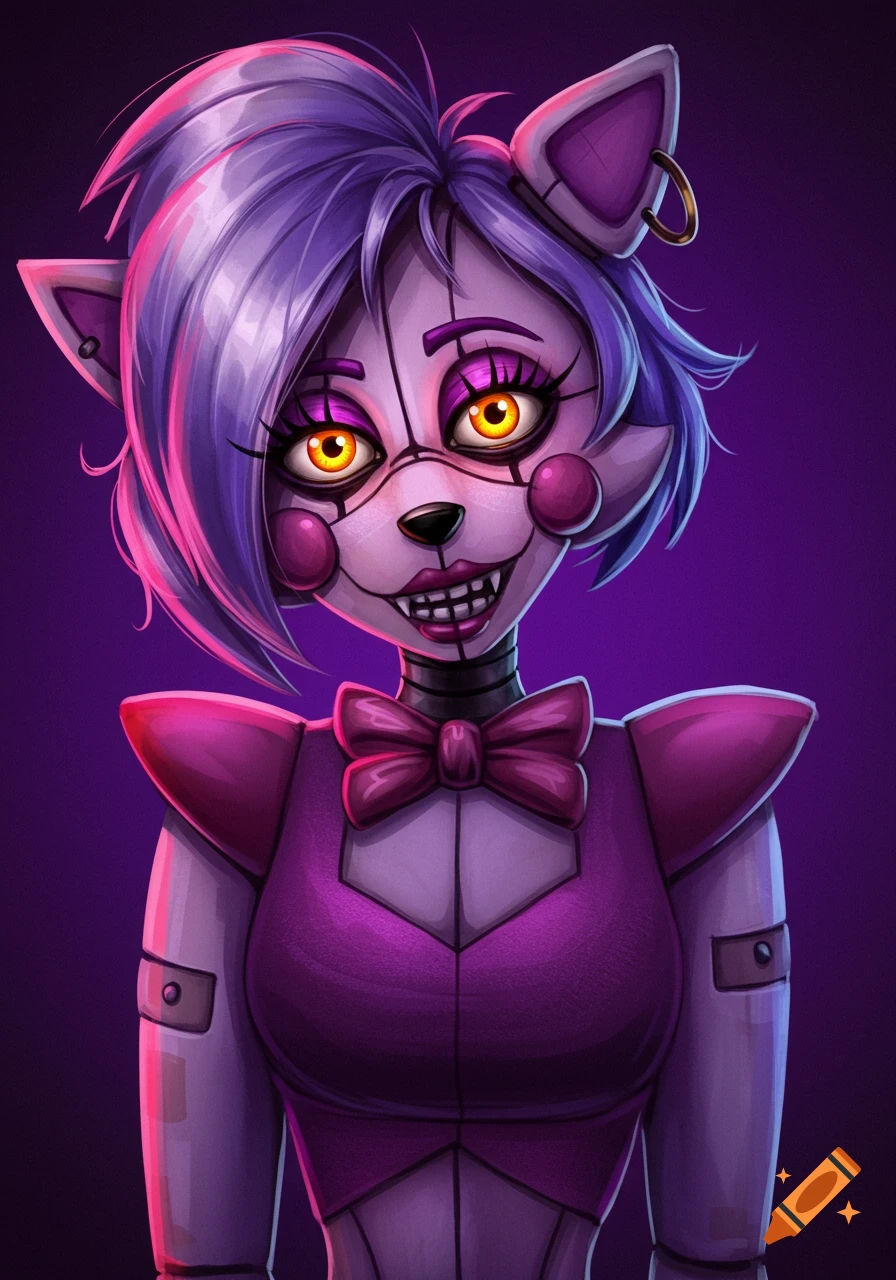 Stylized portrait of a purple and white animatronic character with a bow tie against a dark background.