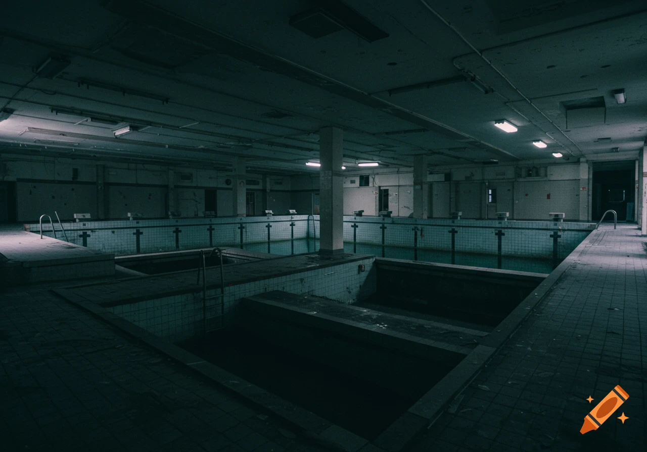 An eerie view of an abandoned indoor swimming pool with multiple empty pools and dim lighting.