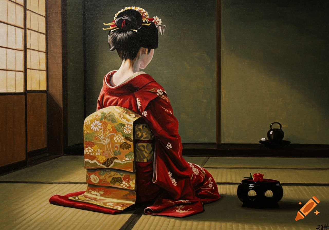Acrylic painting of a geisha kneeling on the floor in a traditional Japanese room, seen from behind.