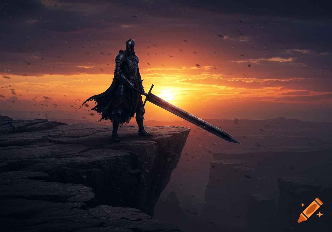 A knight in dark armor stands on a cliff edge with a large sword, silhouetted against a dramatic sunset.