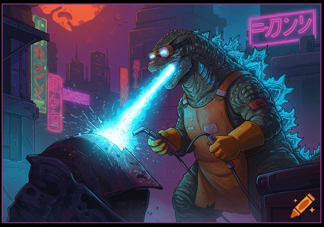 Cartoon illustration of Godzilla wearing goggles and welding metal with his atomic breath in a neon city.