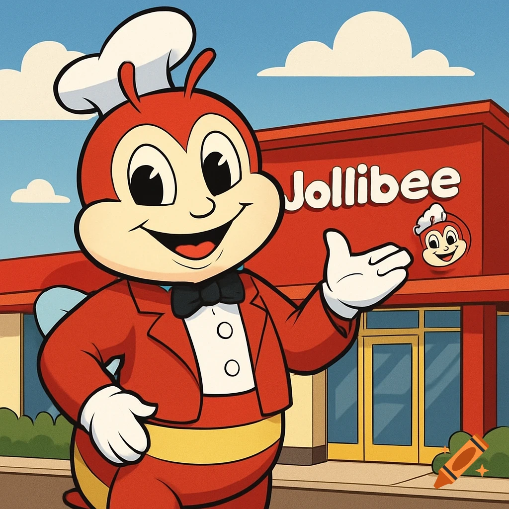 A cartoon character resembling Jollibee stands in front of a Jollibee restaurant.