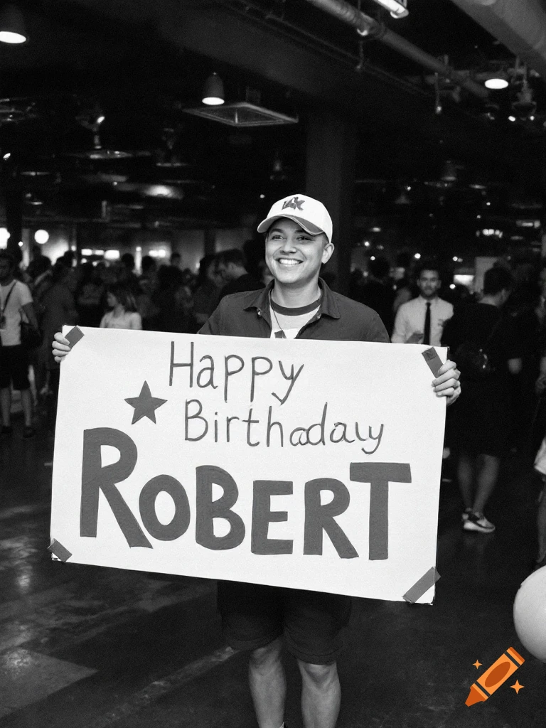 A person holding a 'Happy Birthday Robert' sign in a crowded room, black and white photo.