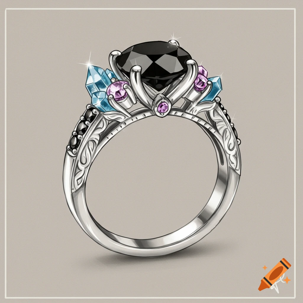 Detailed illustration of a silver ring with a large black gemstone, blue and purple crystals, and engraved details.