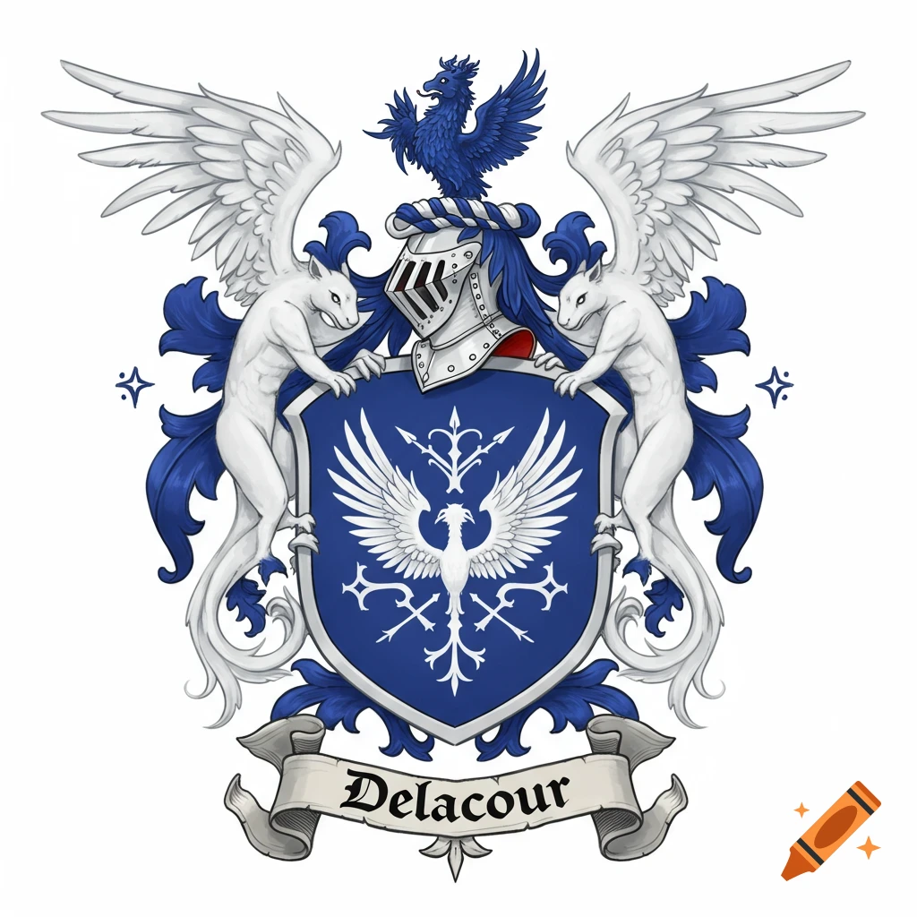 A blue and white coat of arms with winged creatures supporting a shield, a helmet, a bird crest, and a banner reading Delacour.