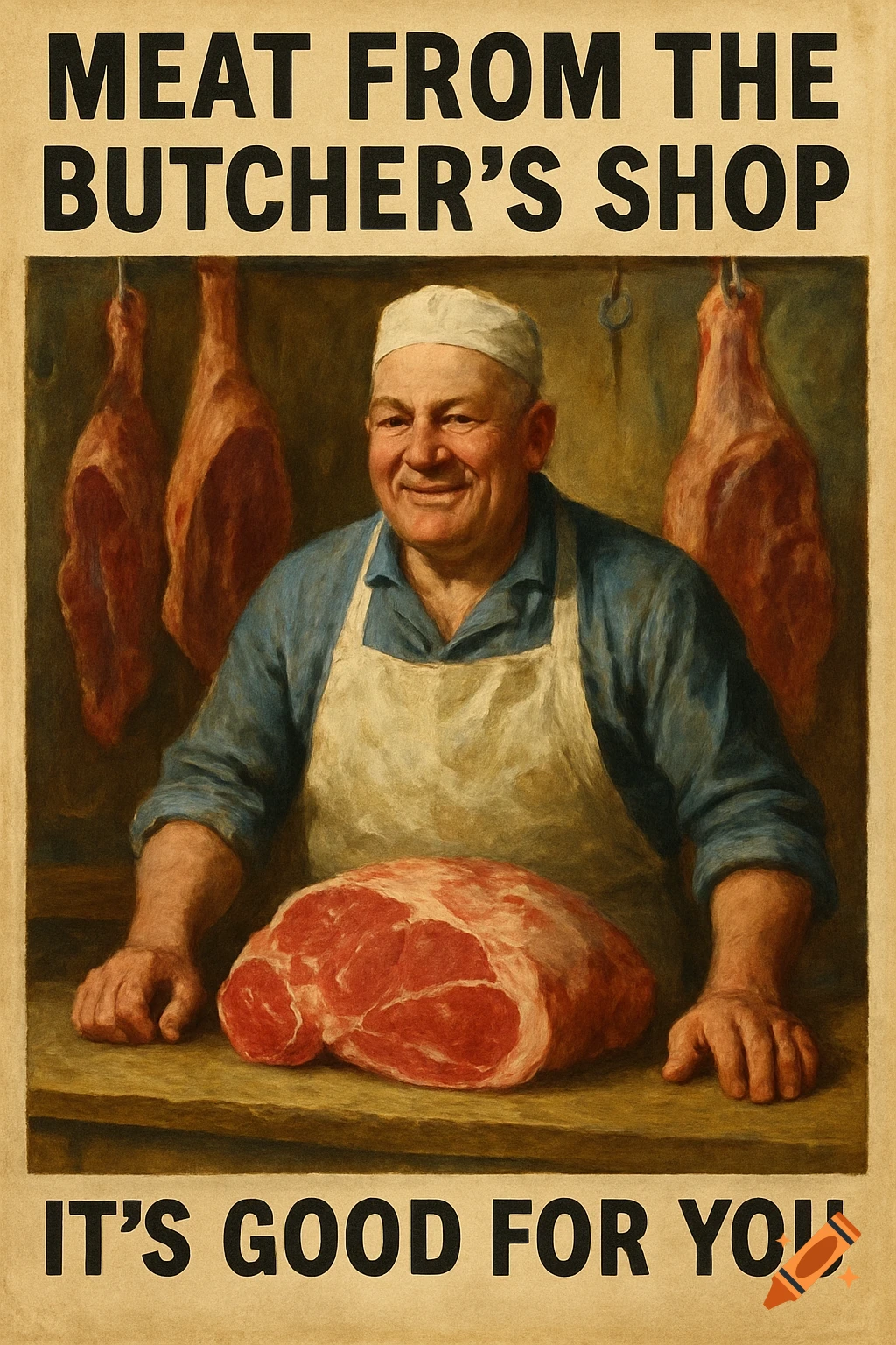 Vintage poster of a smiling butcher with meat and text promoting his ...