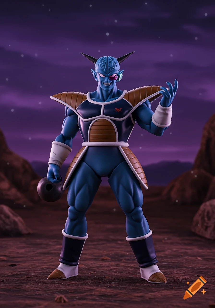 Blue Ginyu Force character from Dragon Ball Z standing on a rocky planet.