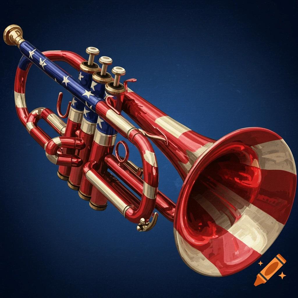 Illustration of a trumpet decorated with the American flag