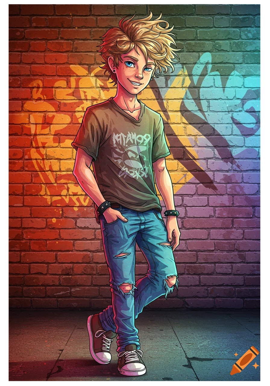 An illustration of a teenage boy with messy blond hair wearing a brown t-shirt and ripped jeans, standing against a brick wall with graffiti shadows.