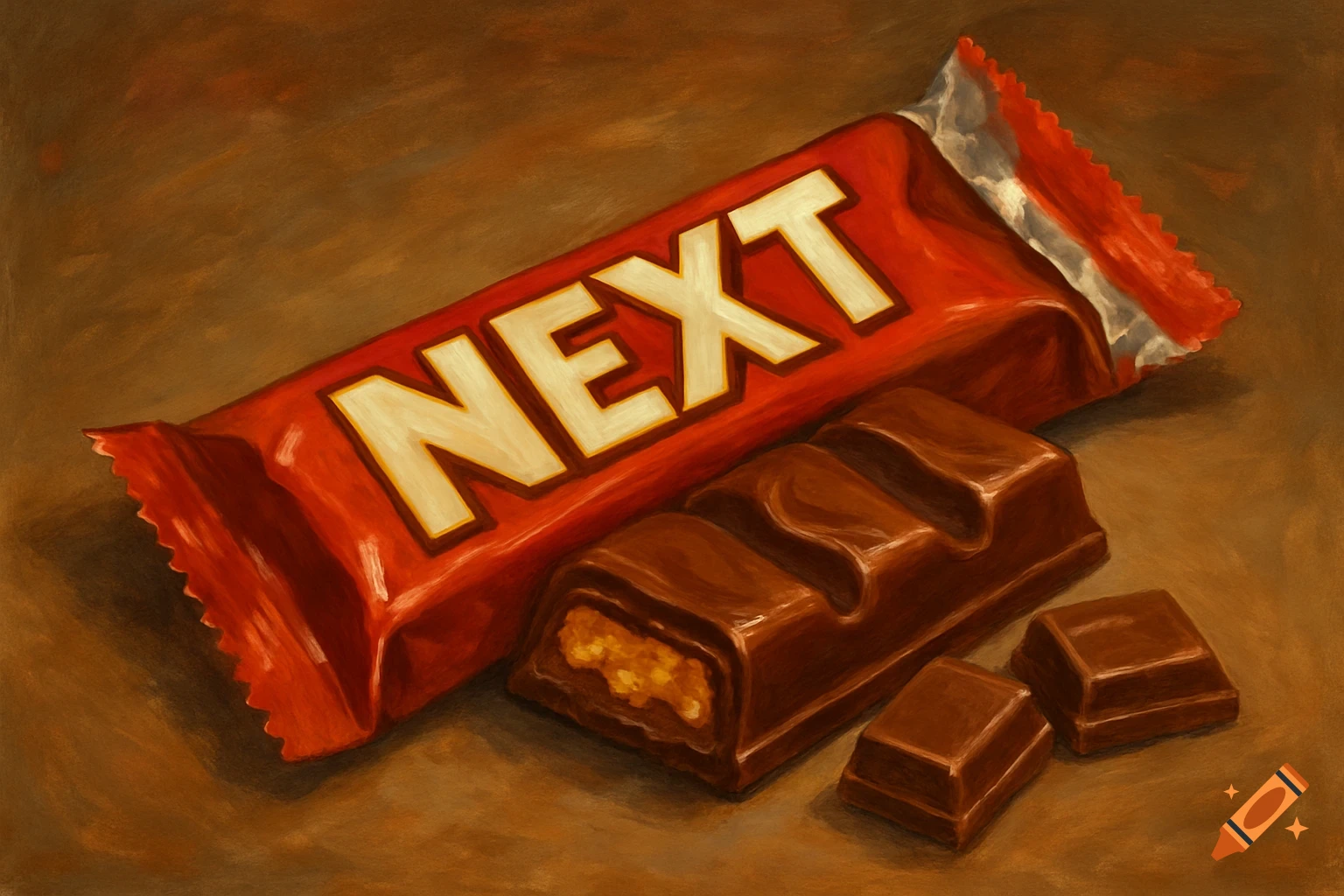 A painting of a chocolate bar labeled 'NEXT' and broken pieces