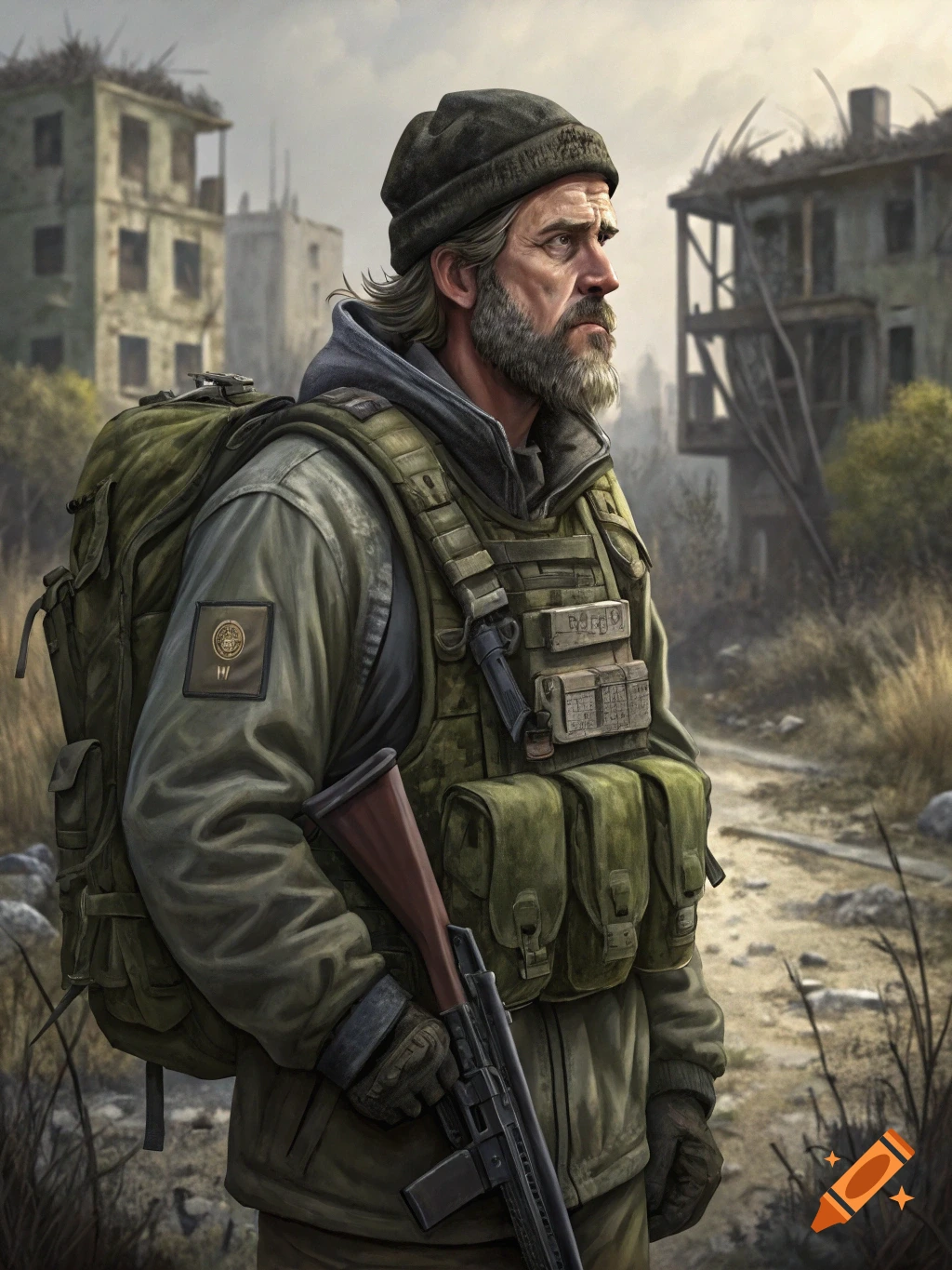 Rugged man in tactical gear and backpack holding a rifle in a ruined city.