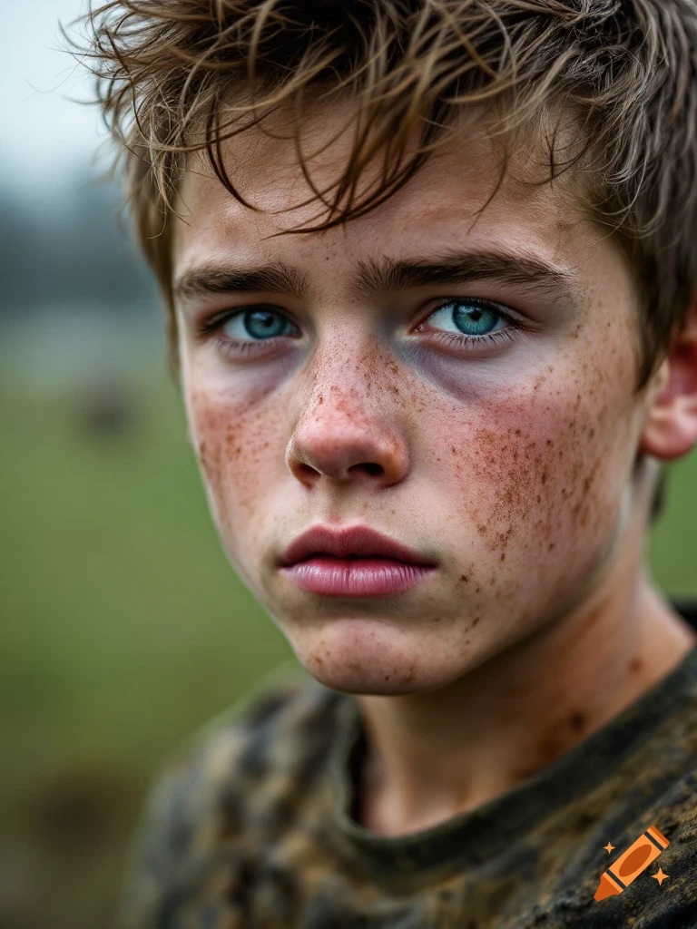Close-up portrait of a young boy with blue eyes and freckles, covered in mud.