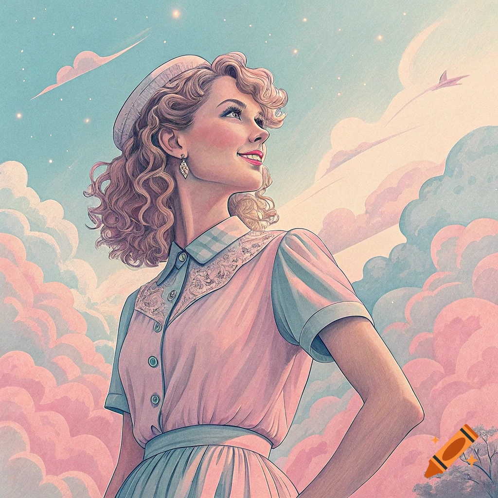Illustration of a woman in a pastel pink and blue dress looking up at a cloudy sky.