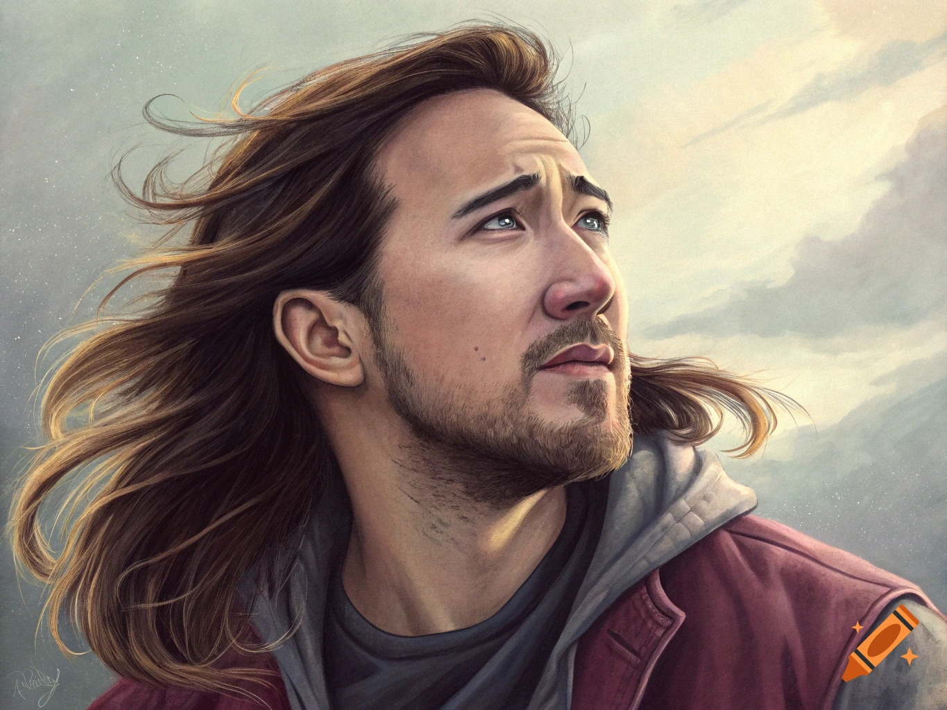 Realistic portrait of a man with long hair and beard, looking up at a ...