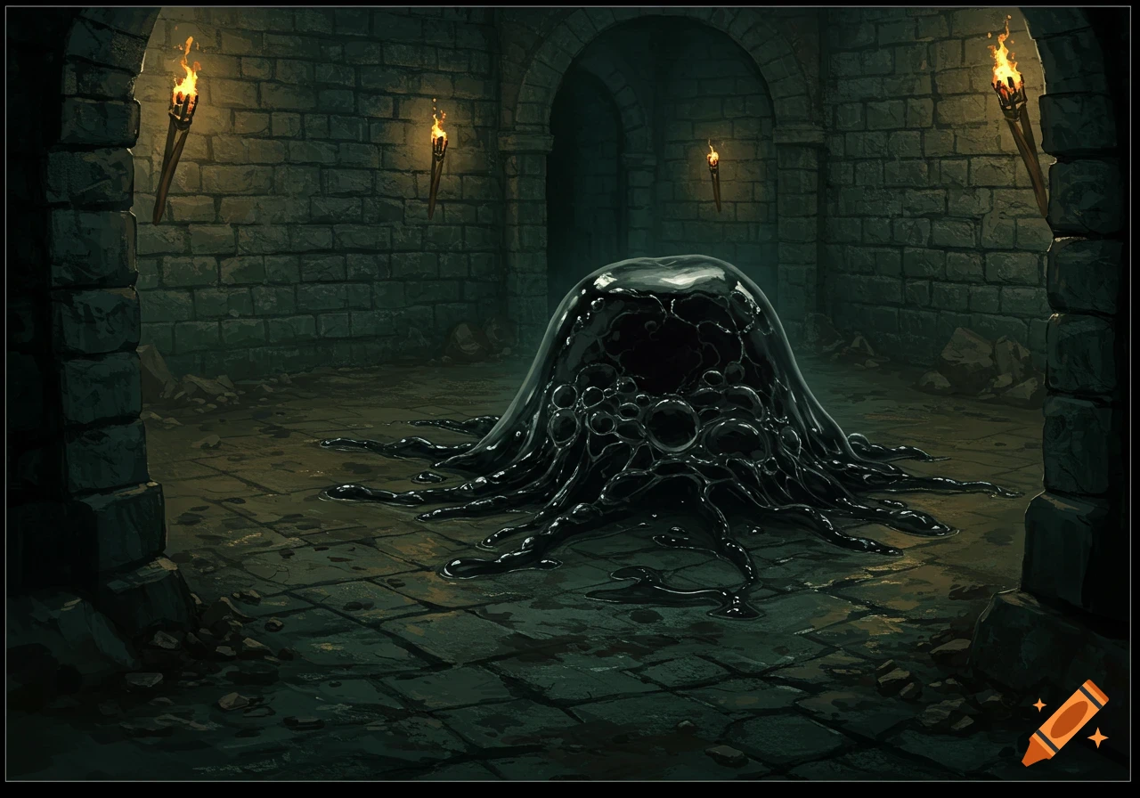 A black, bubbling monster creature sits in a dark stone dungeon with torches.