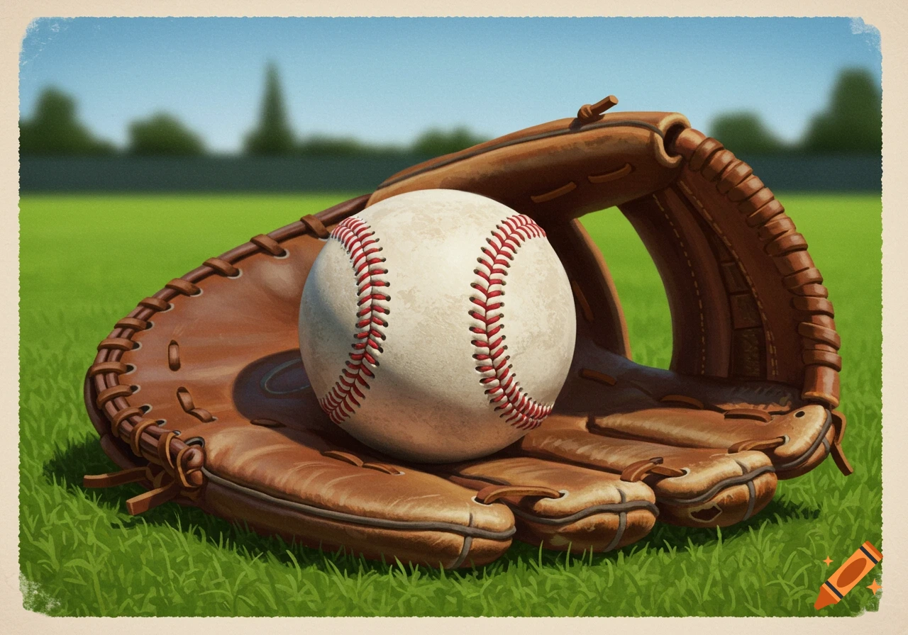 A baseball sits inside a leather baseball glove on green grass.