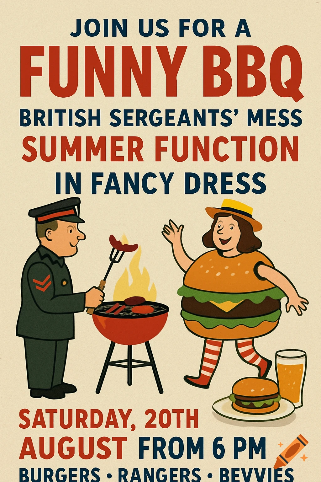 A cartoon flyer for a British Sergeants' Mess BBQ. It shows a man in a military uniform grilling sausages and a person in a hamburger costume. Text announces 'Funny BBQ', 'Summer Function in Fancy Dress', 'Saturday, 20th August From 6 PM', and 'Burgers • Rangers • Bevies'.