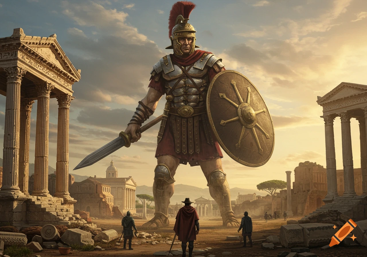 A giant Roman soldier stands over small figures in ancient ruins at sunset.
