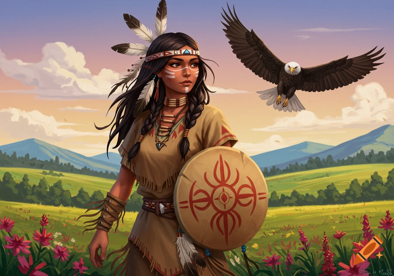 Fantasy illustration of a Native American woman with face paint and feathers, holding a shield, with an eagle flying overhead at sunset.