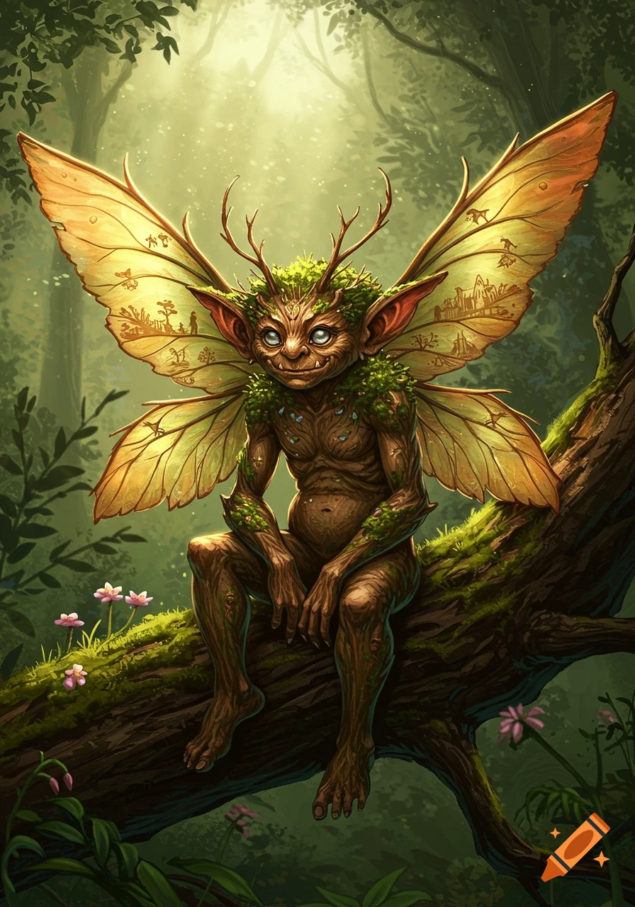 A fantasy forest sprite with wings and antlers sits on a mossy tree branch in a sunlit forest.