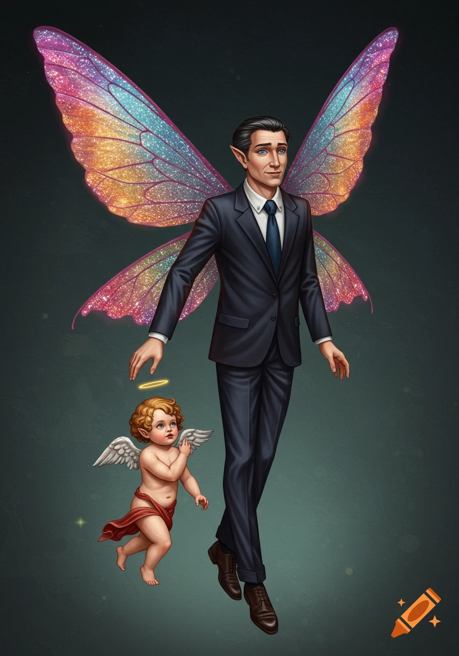 Fantasy illustration of a man in a suit with large, glittery fairy wings floating next to a cherub.