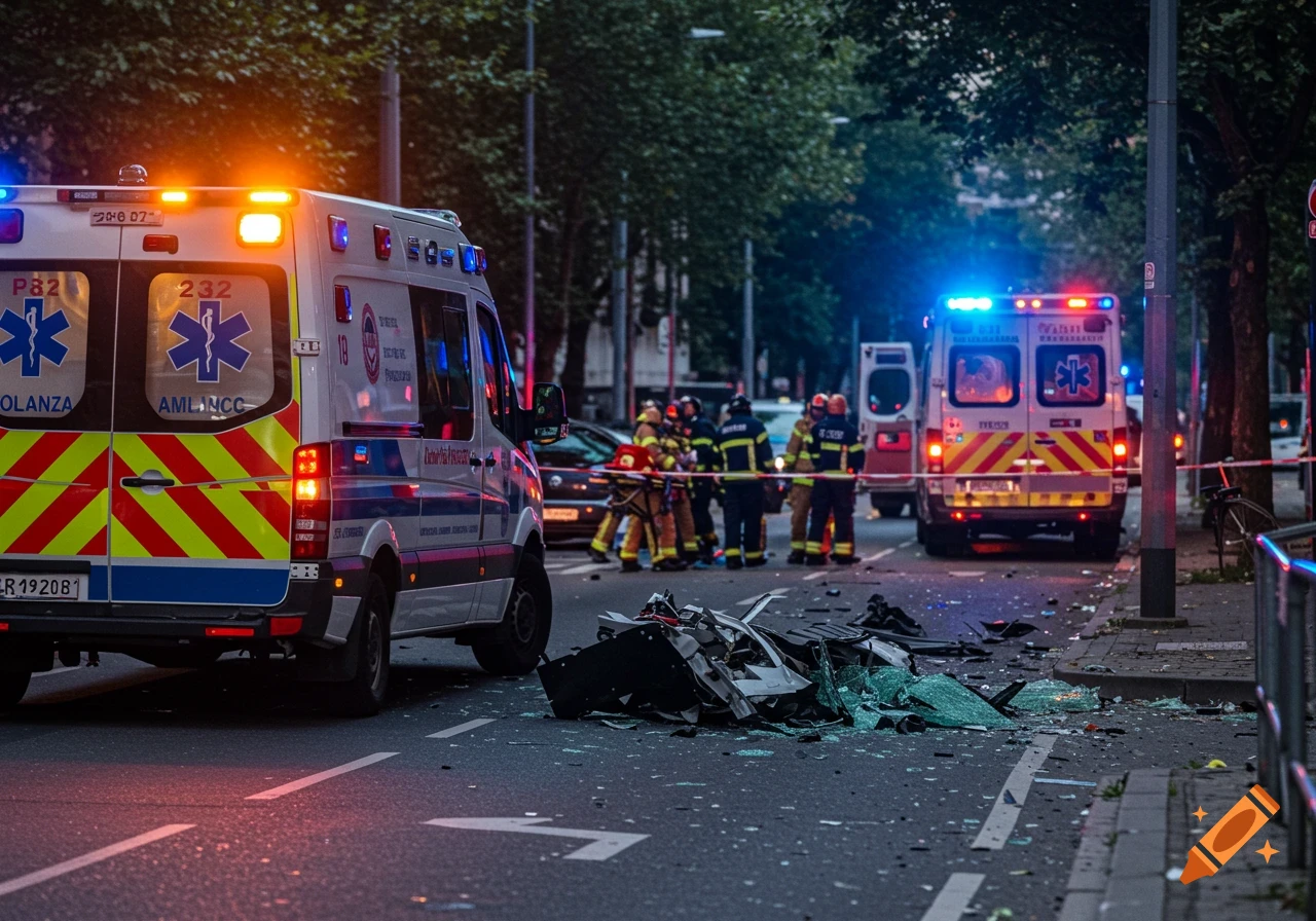 Ambulances and emergency personnel at a car accident scene on a street.