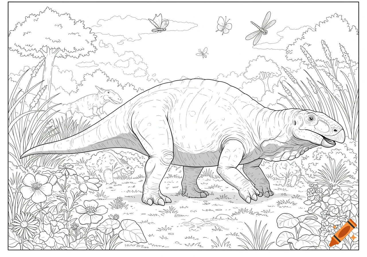 Line art illustration of an Iguanodon walking in a prehistoric meadow with other dinosaurs, plants, and insects.