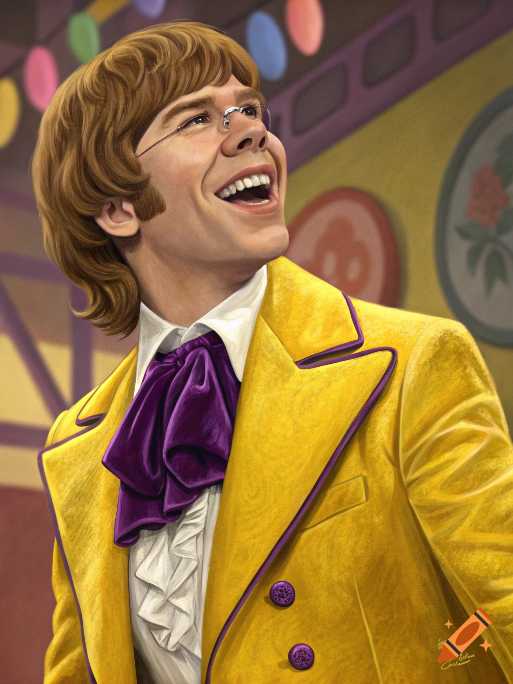 Vibrant illustration of a man in a yellow suit and purple cravat smiling on a stage.