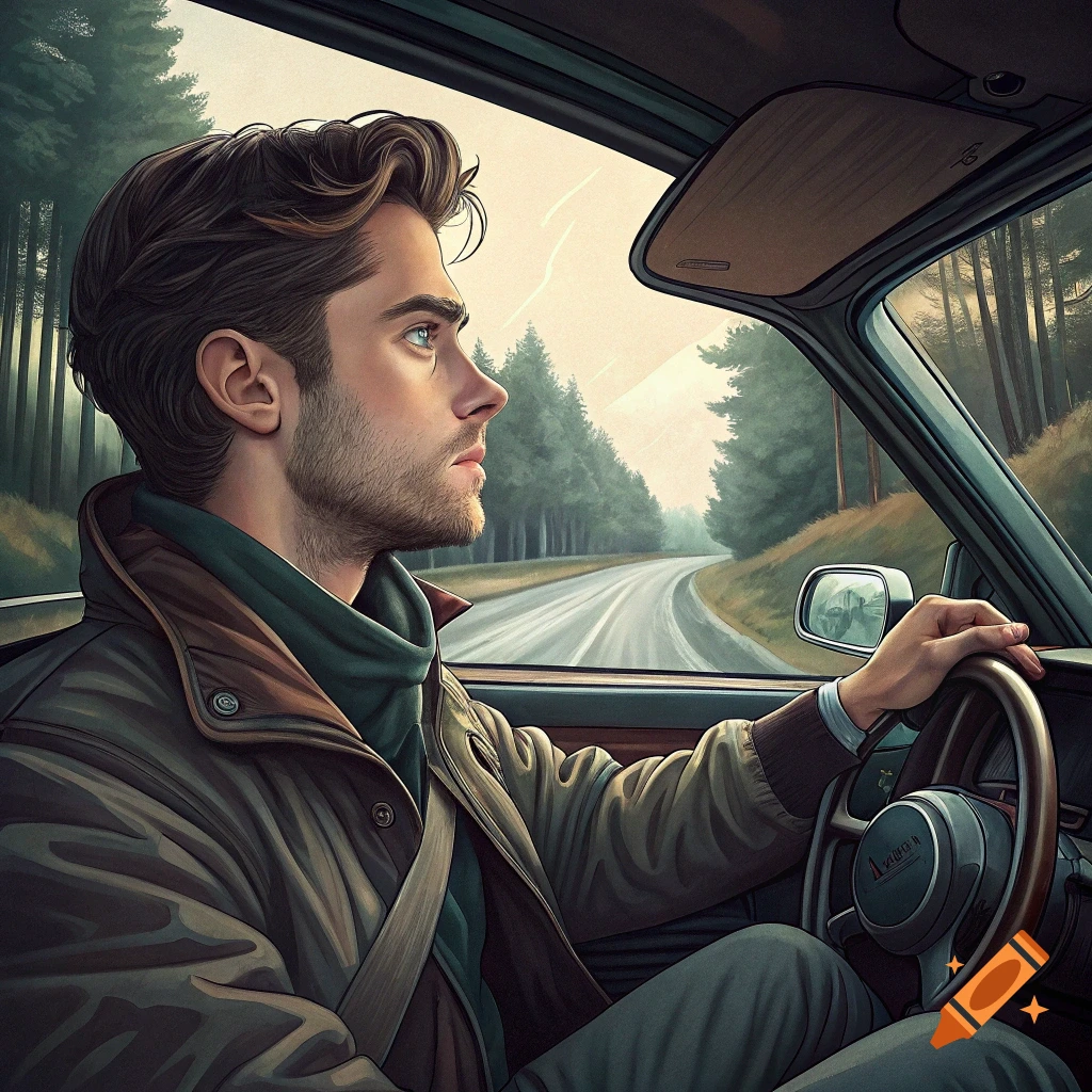Illustrative portrait of a man driving a car on a road.