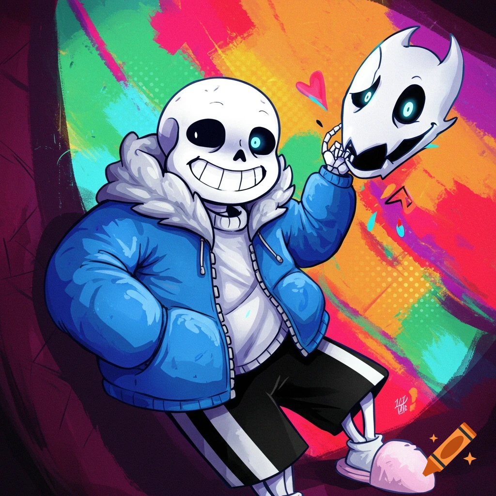 Cartoon illustration of Sans from Undertale smiling and holding a Gaster Blaster skull against a vibrant, colorful background.
