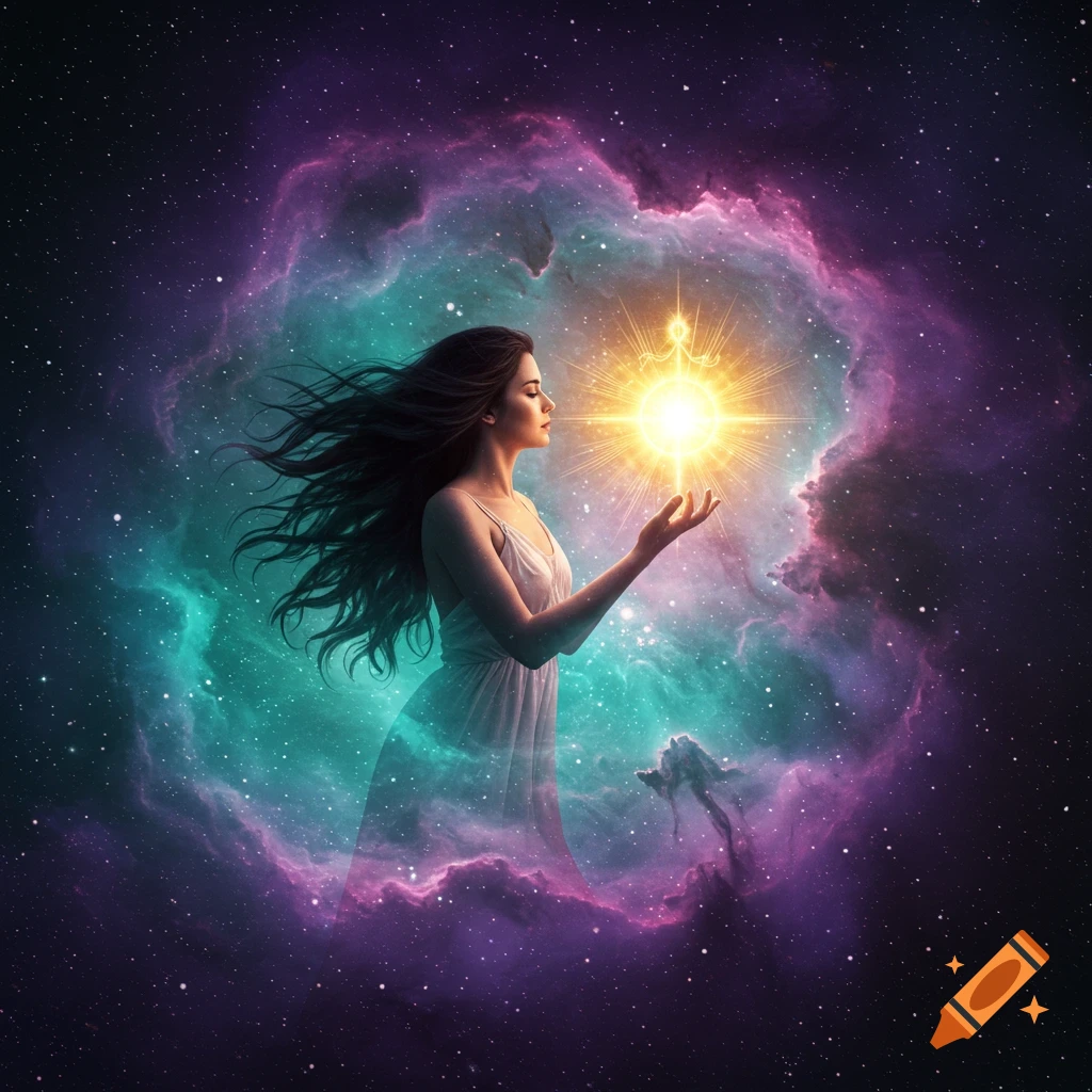 A woman in a flowing dress holds a bright glowing light in a nebula surrounded by stars.