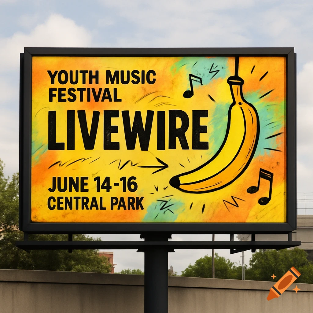 Billboard advertising the Youth Music Festival Livewire with dates, location, and a banana illustration.