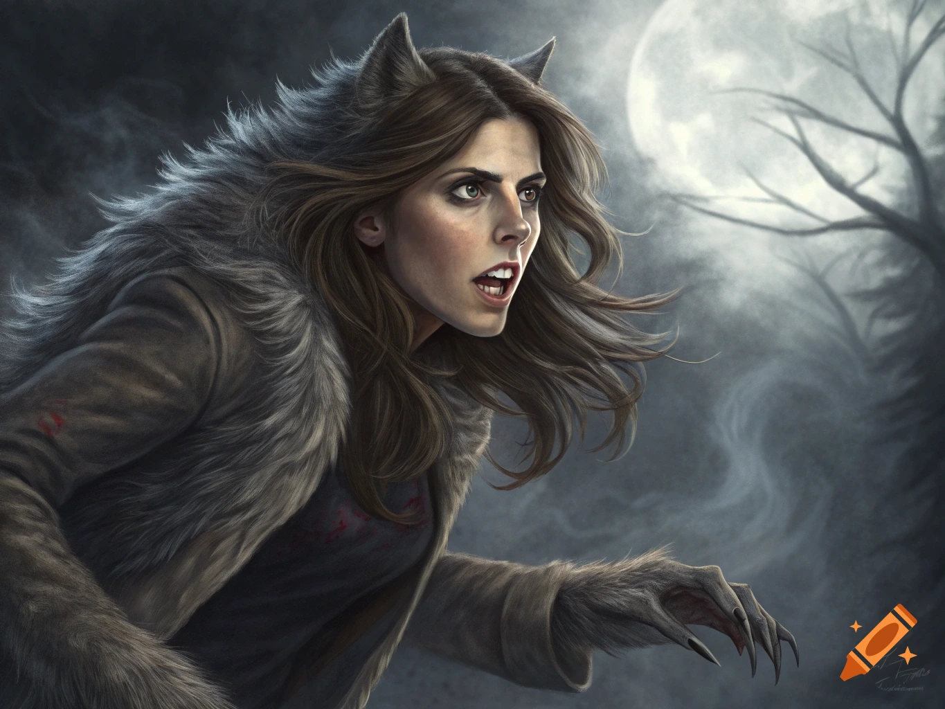 Digital painting of a woman transforming into a werewolf under a full moon.