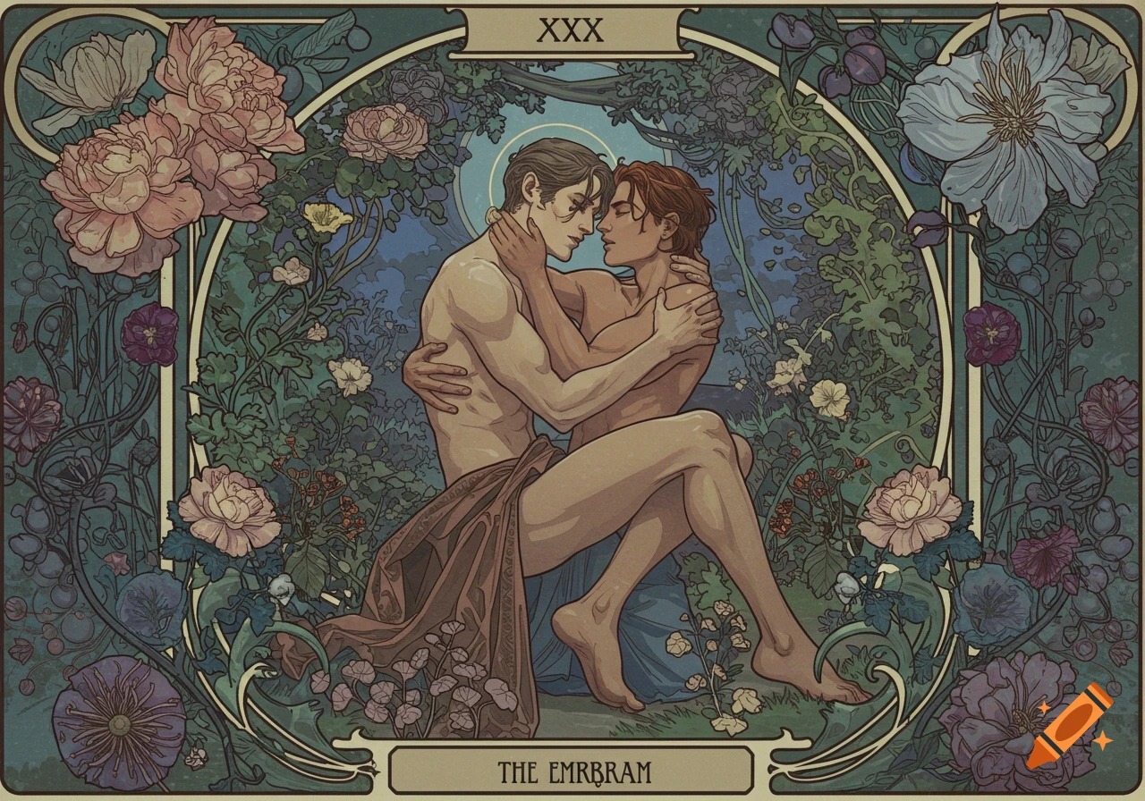 Art Nouveau illustration of two men embracing in a garden, styled as a tarot card.