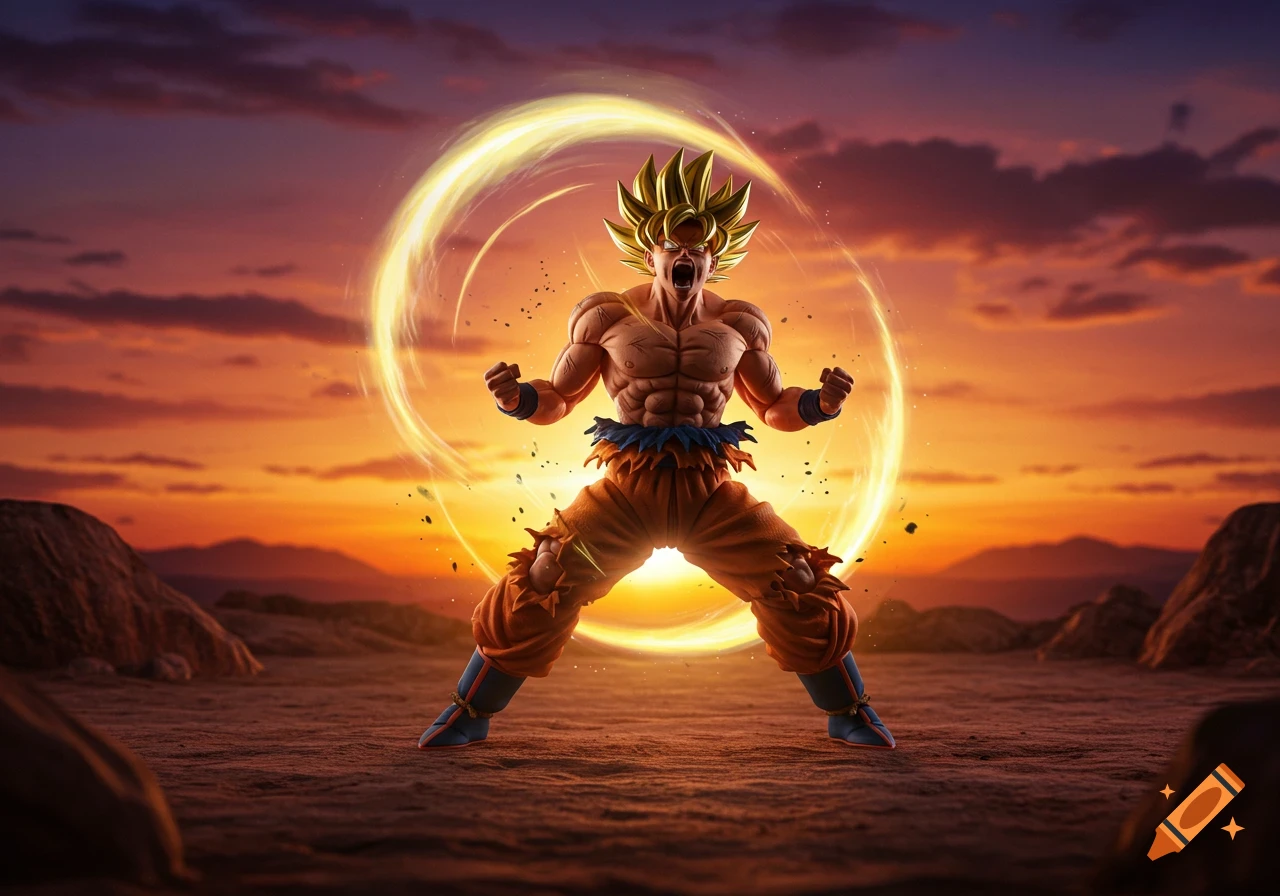 Goku powers up surrounded by a glowing aura in a desert landscape at sunset.