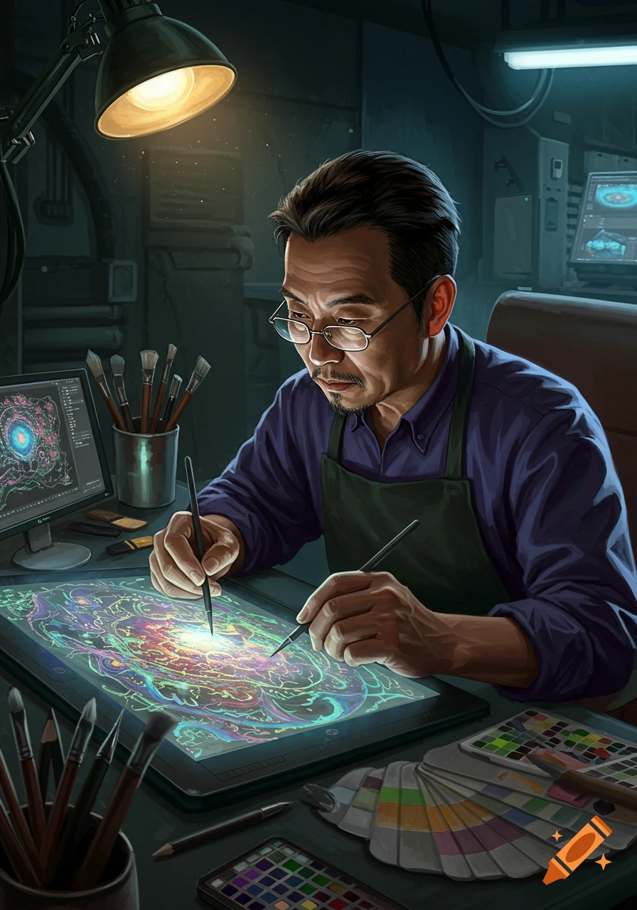 A craftsman works on a vibrant digital painting on a large drawing tablet in a dimly lit studio.