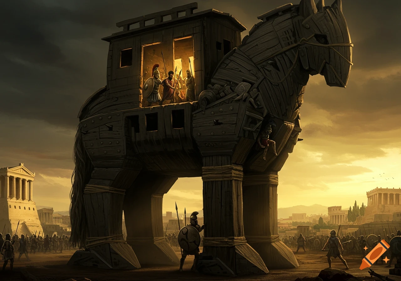 A large wooden Trojan Horse stands in front of a city with soldiers inside and around it, dramatic lighting.