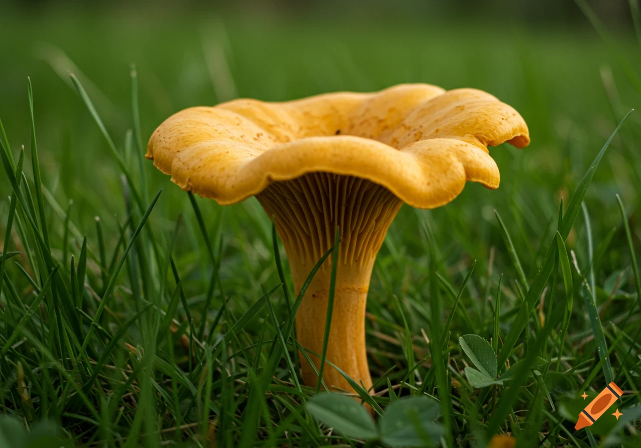 A close-up of a chanterelle mushroom in green grass.