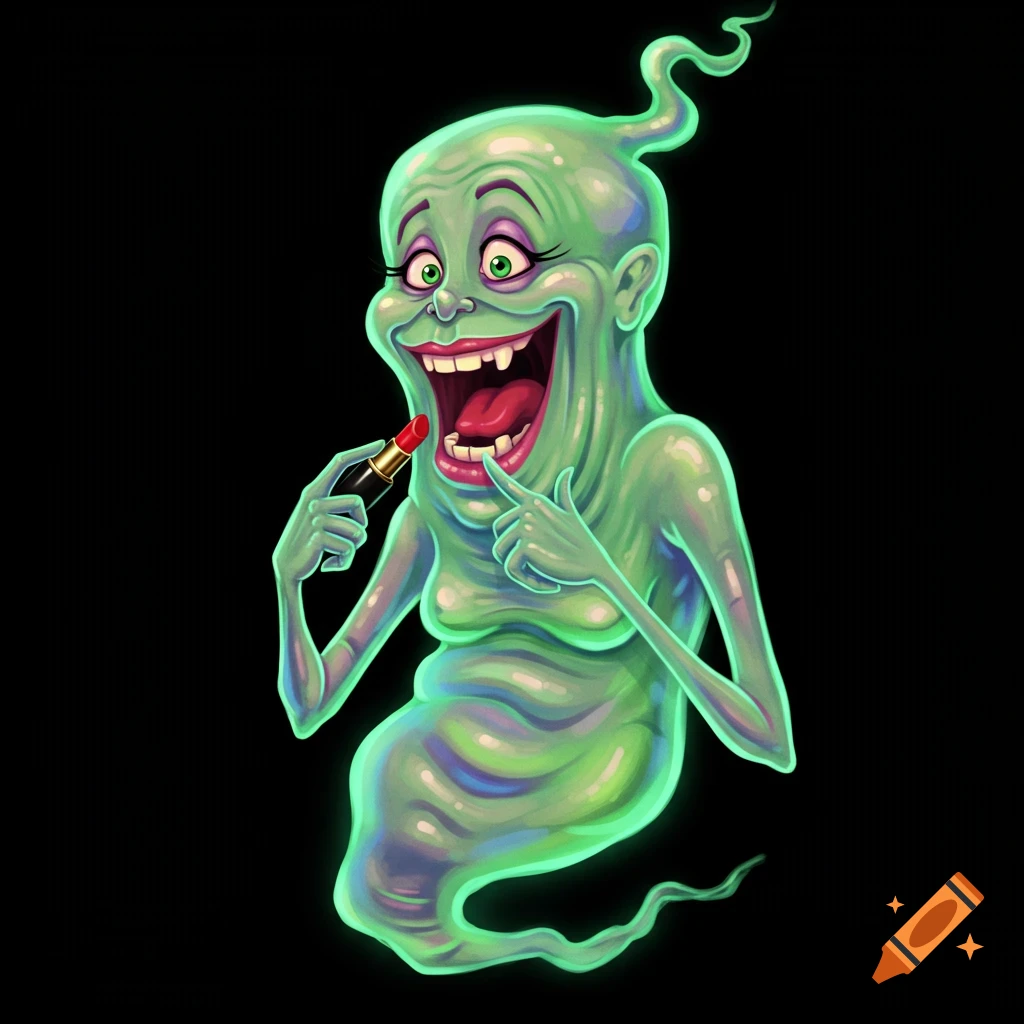 Green cartoon ghost character applying red lipstick