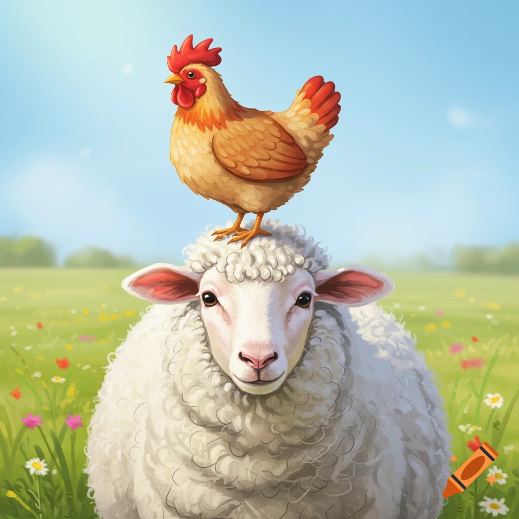 A chicken stands on the head of a sheep in a grassy field.